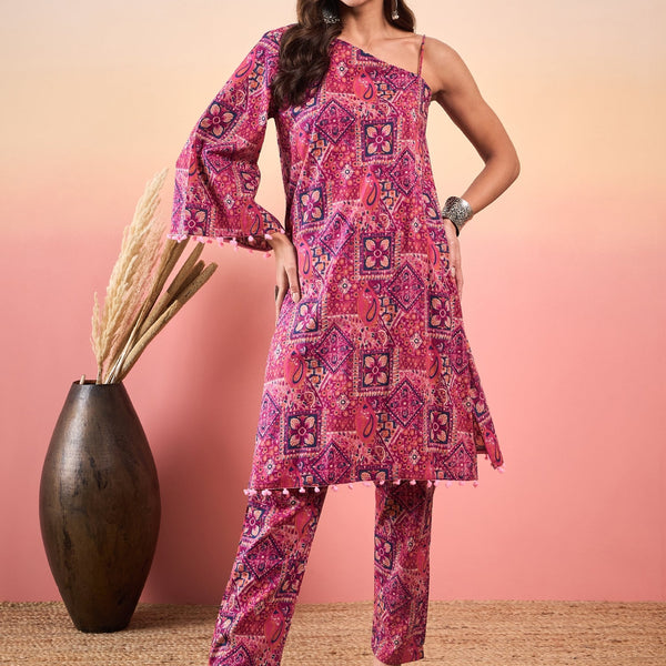 InWeave Pink Violet Printed One Shoulder Strapp Kurta Set - Distacart