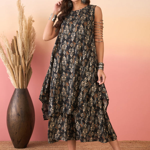 InWeave Black Ikkat Print Foil Round Neck Palazzo Set - Distacart