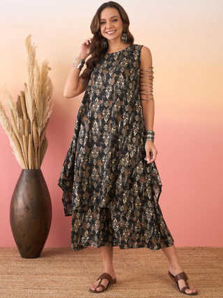 InWeave Black Ikkat Print Foil Round Neck Palazzo Set - Distacart