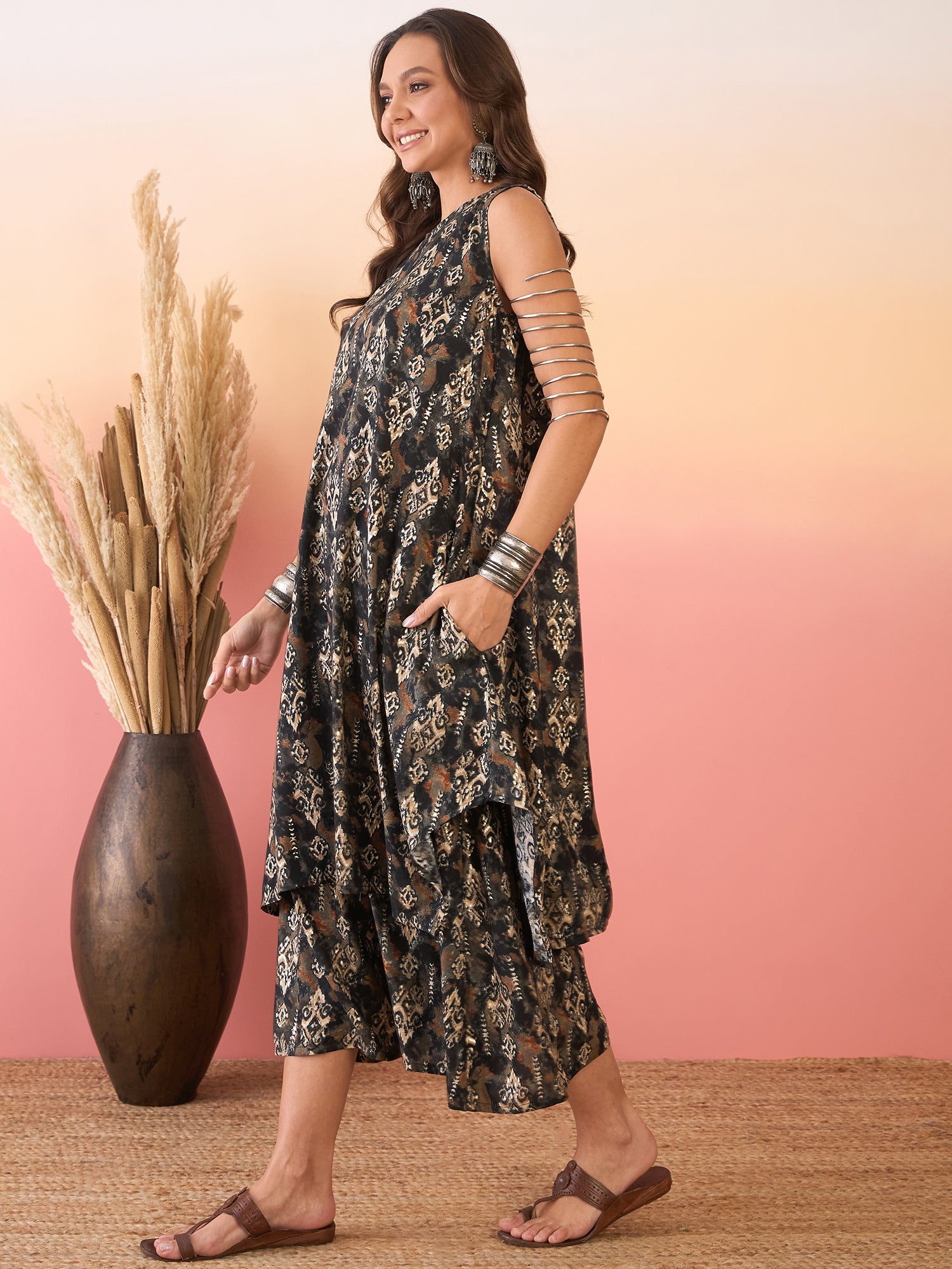 InWeave Black Ikkat Print Foil Round Neck Palazzo Set - Distacart
