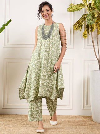 InWeave Apple Green Ikkat Print Foil Round Neck Kurta Pant Set