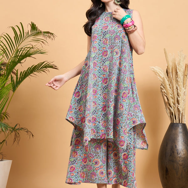 InWeave Grey Kantha Floral Jaal Short Palazzo Set - Distacart