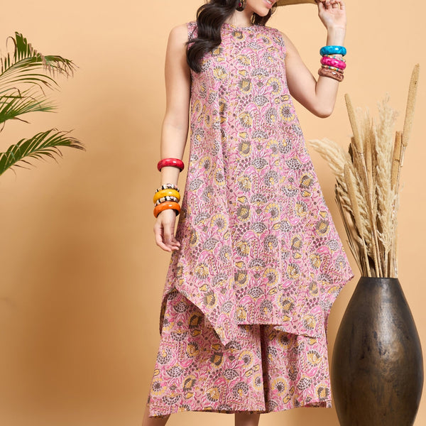InWeave Pastel Pink Kantha Floral Jaal Short Palazzo Set - Distacart