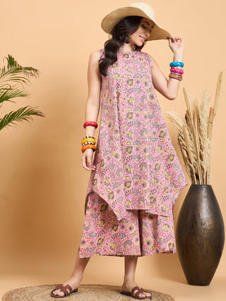 InWeave Pastel Pink Kantha Floral Jaal Short Palazzo Set
