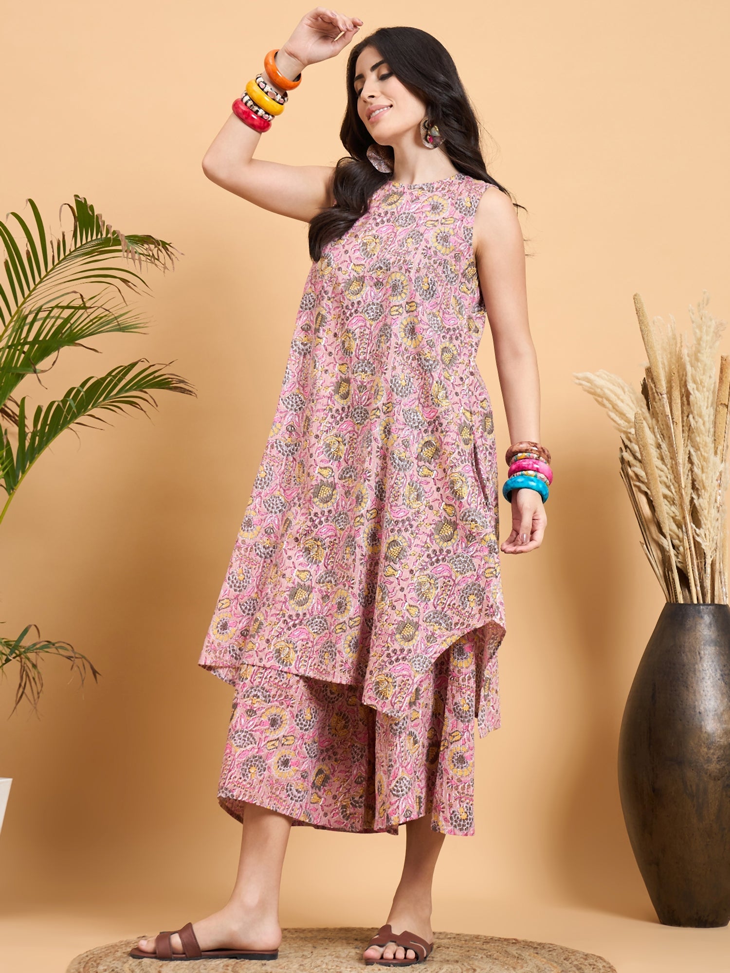 InWeave Pastel Pink Kantha Floral Jaal Short Palazzo Set - Distacart