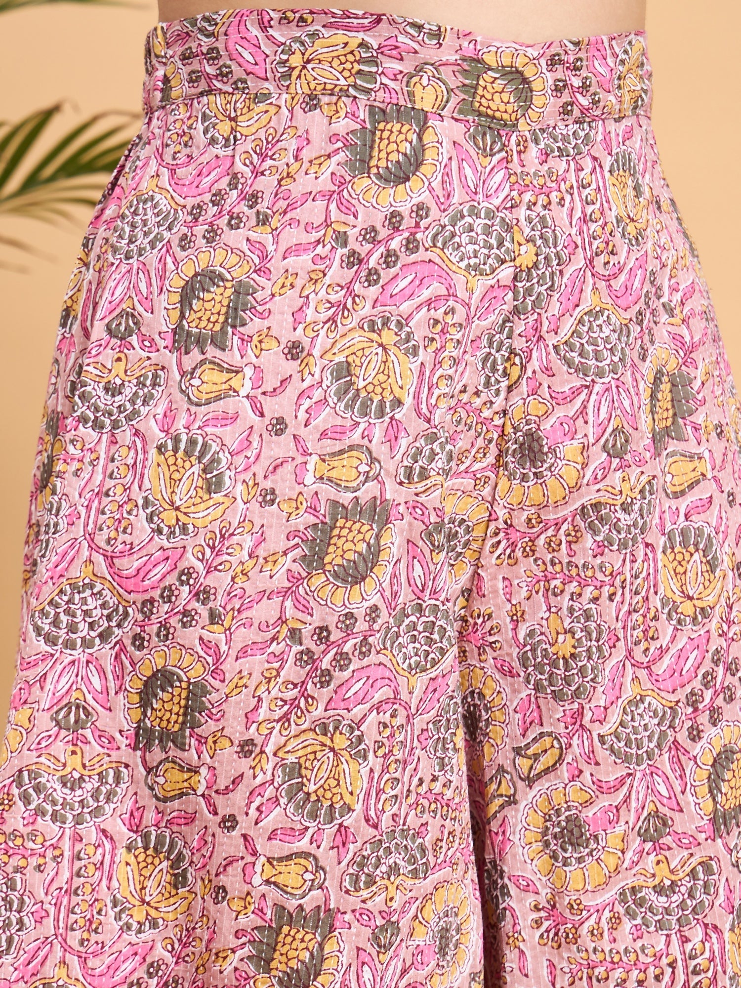 InWeave Pastel Pink Kantha Floral Jaal Short Palazzo Set