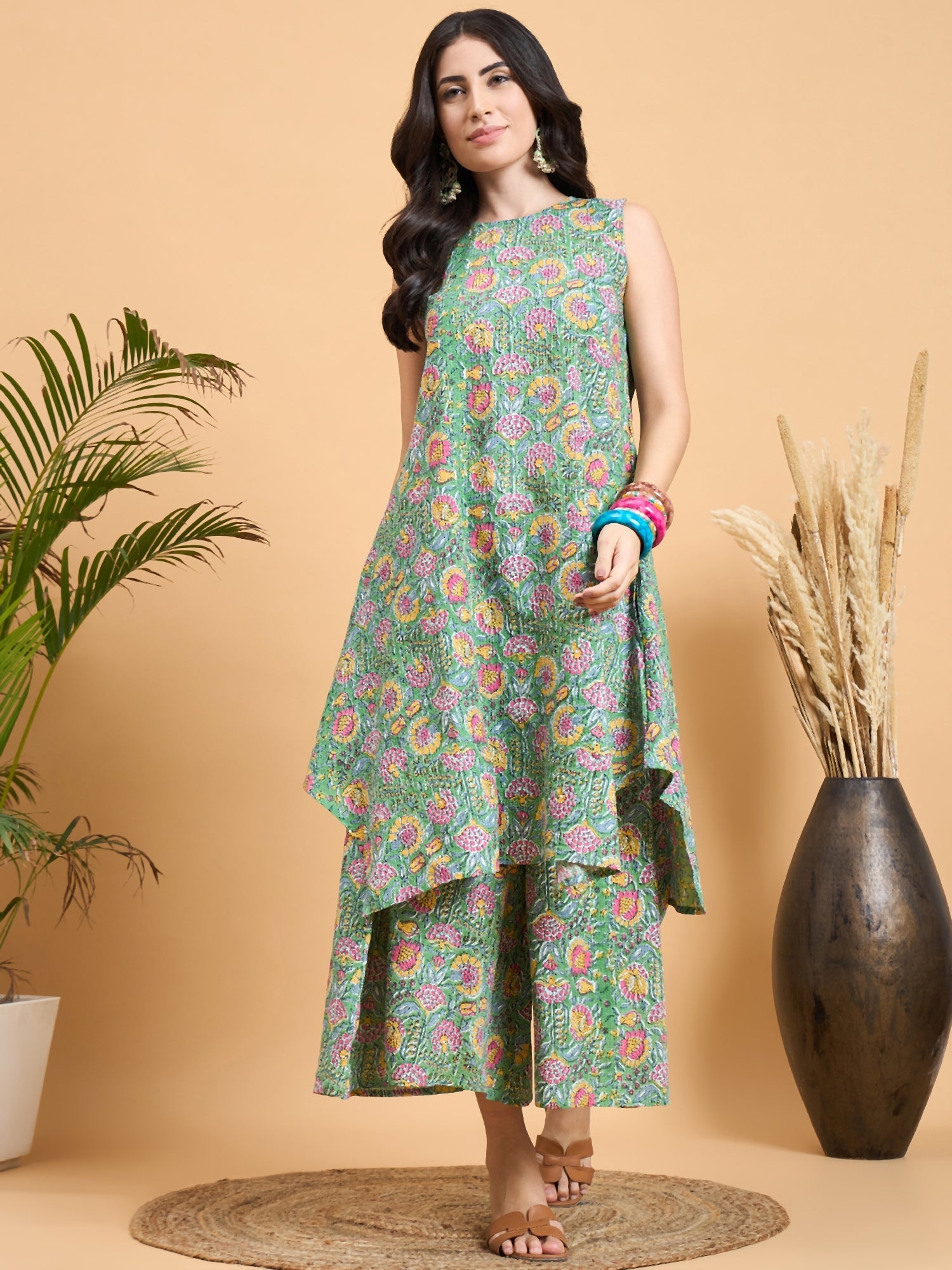 InWeave Mint Green Kantha Floral Jaal Short Palazzo Set - Distacart