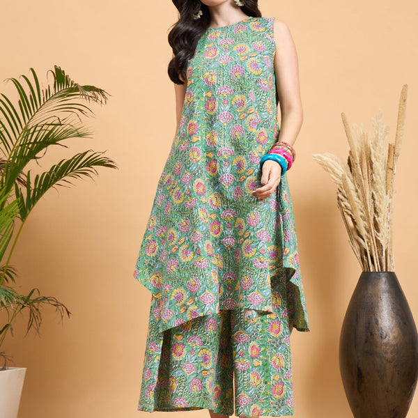 InWeave Mint Green Kantha Floral Jaal Short Palazzo Set - Distacart
