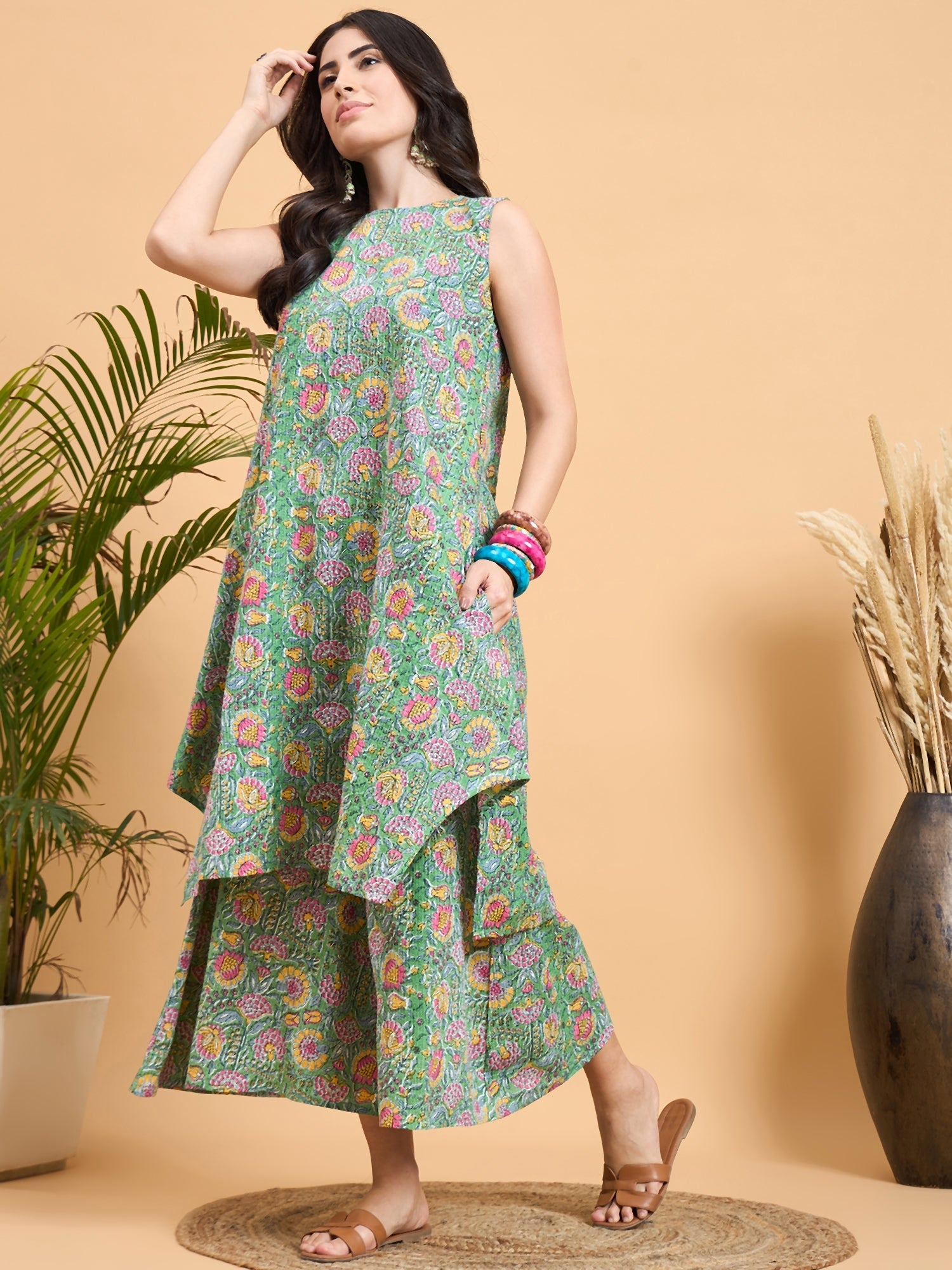 InWeave Mint Green Kantha Floral Jaal Short Palazzo Set - Distacart