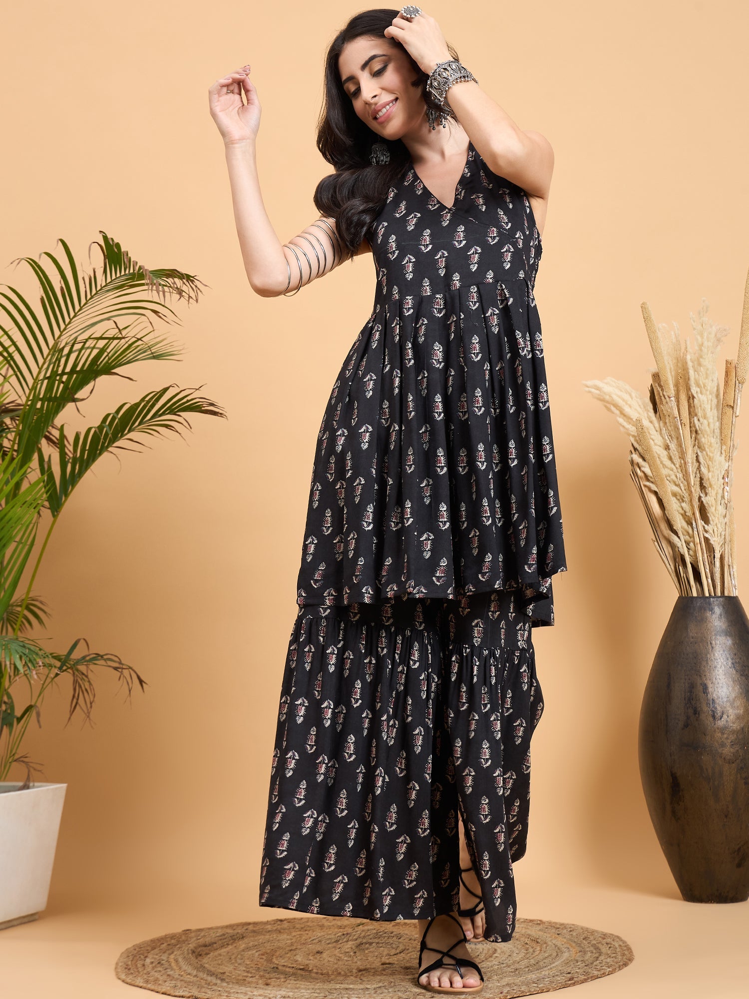 InWeave Black Booti Rapid Print Backless Kurta Sharara Set