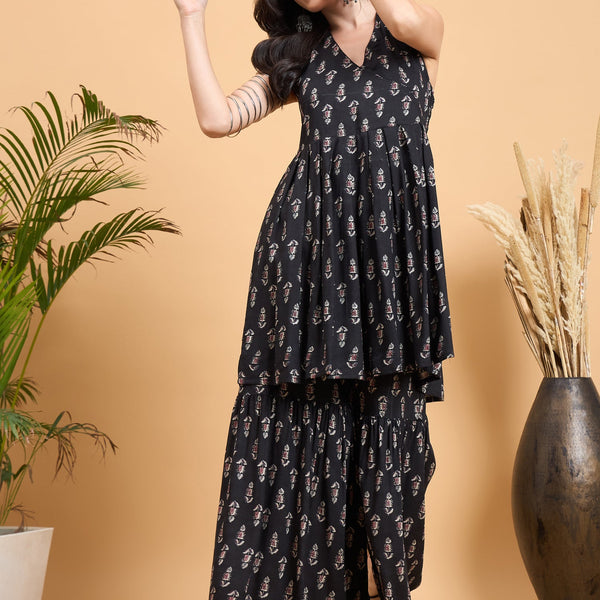 InWeave Black Booti Rapid Print Backless Kurta Sharara Set - Distacart