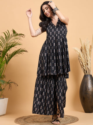 InWeave Black Booti Rapid Print Backless Kurta Sharara Set