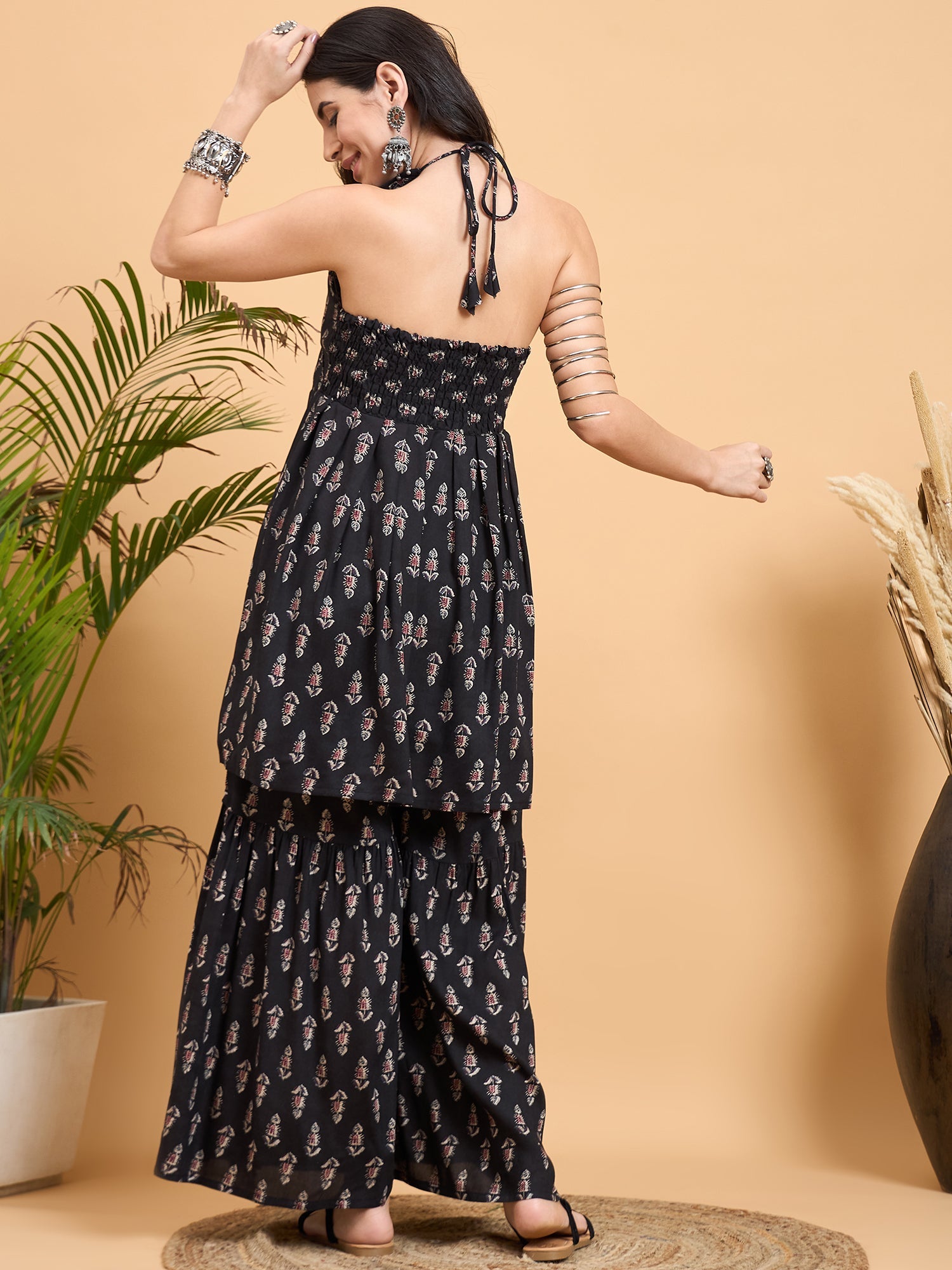 InWeave Black Booti Rapid Print Backless Kurta Sharara Set