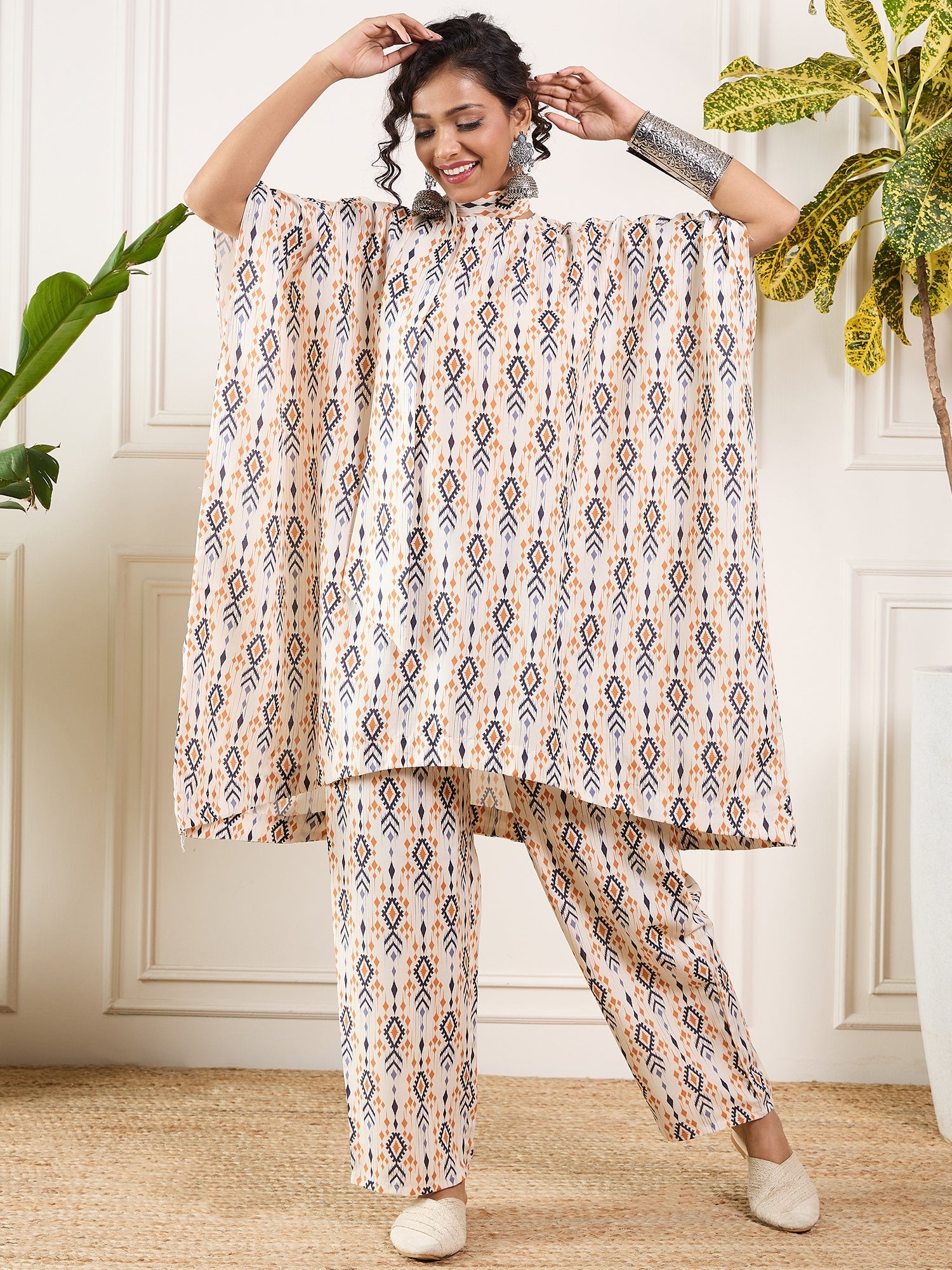 InWeave Off White Orange Black Ikkat Print Tie Neck Kaftan Boho Set - Distacart