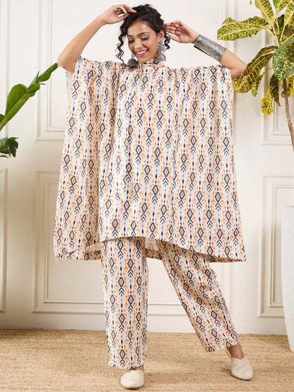 InWeave Off White Orange Black Ikkat Print Tie Neck Kaftan Boho Set - Distacart