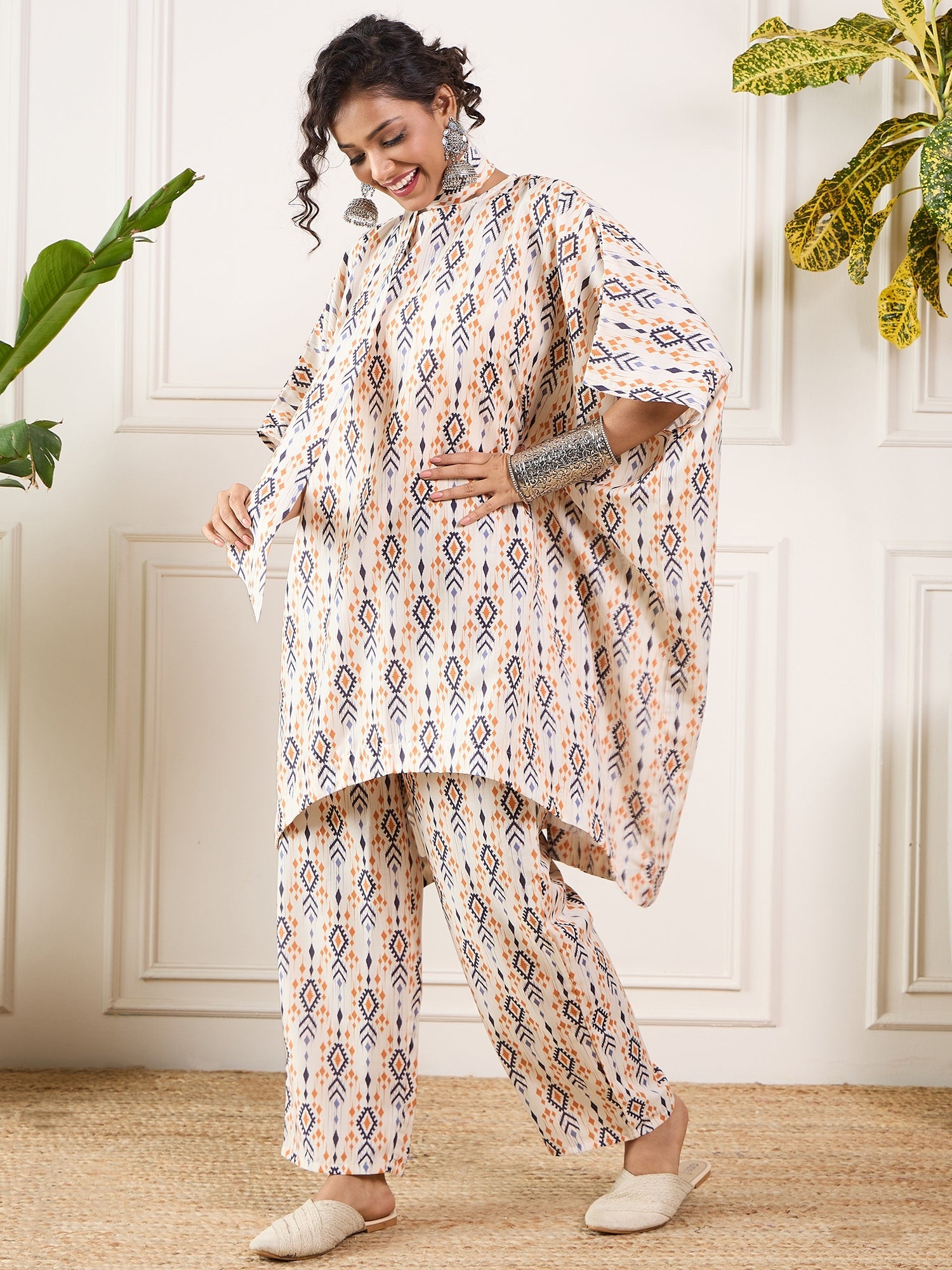 InWeave Off White Orange Black Ikkat Print Tie Neck Kaftan Boho Set - Distacart