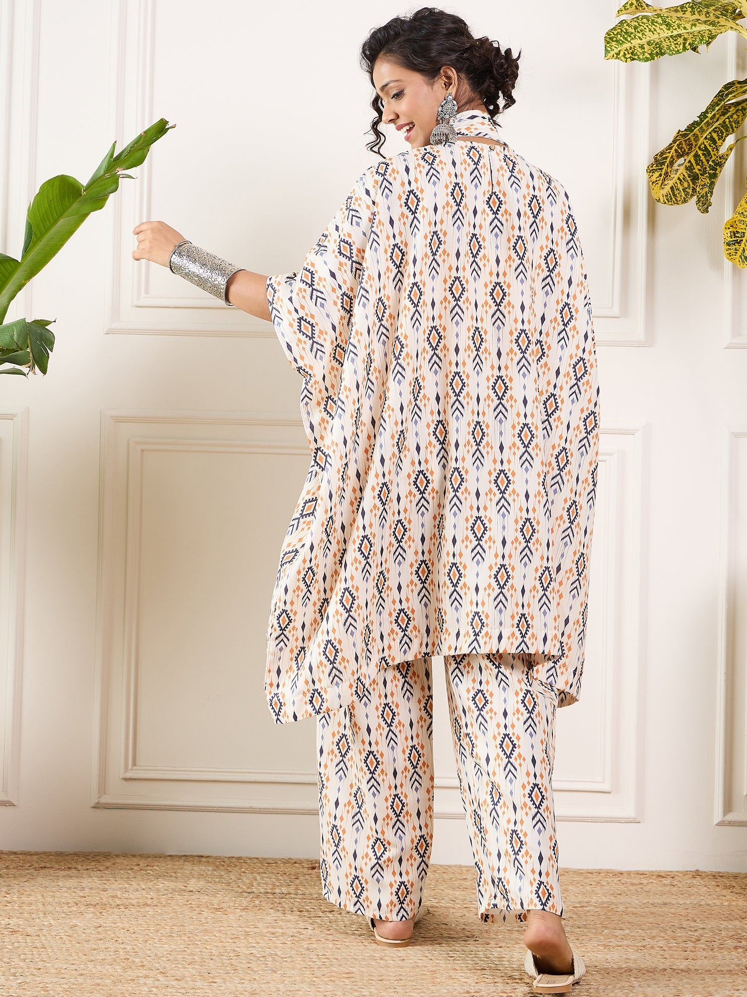 InWeave Off White Orange Black Ikkat Print Tie Neck Kaftan Boho Set - Distacart