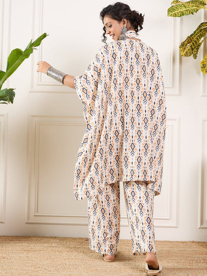 InWeave Off White Orange Black Ikkat Print Tie Neck Kaftan Boho Set - Distacart