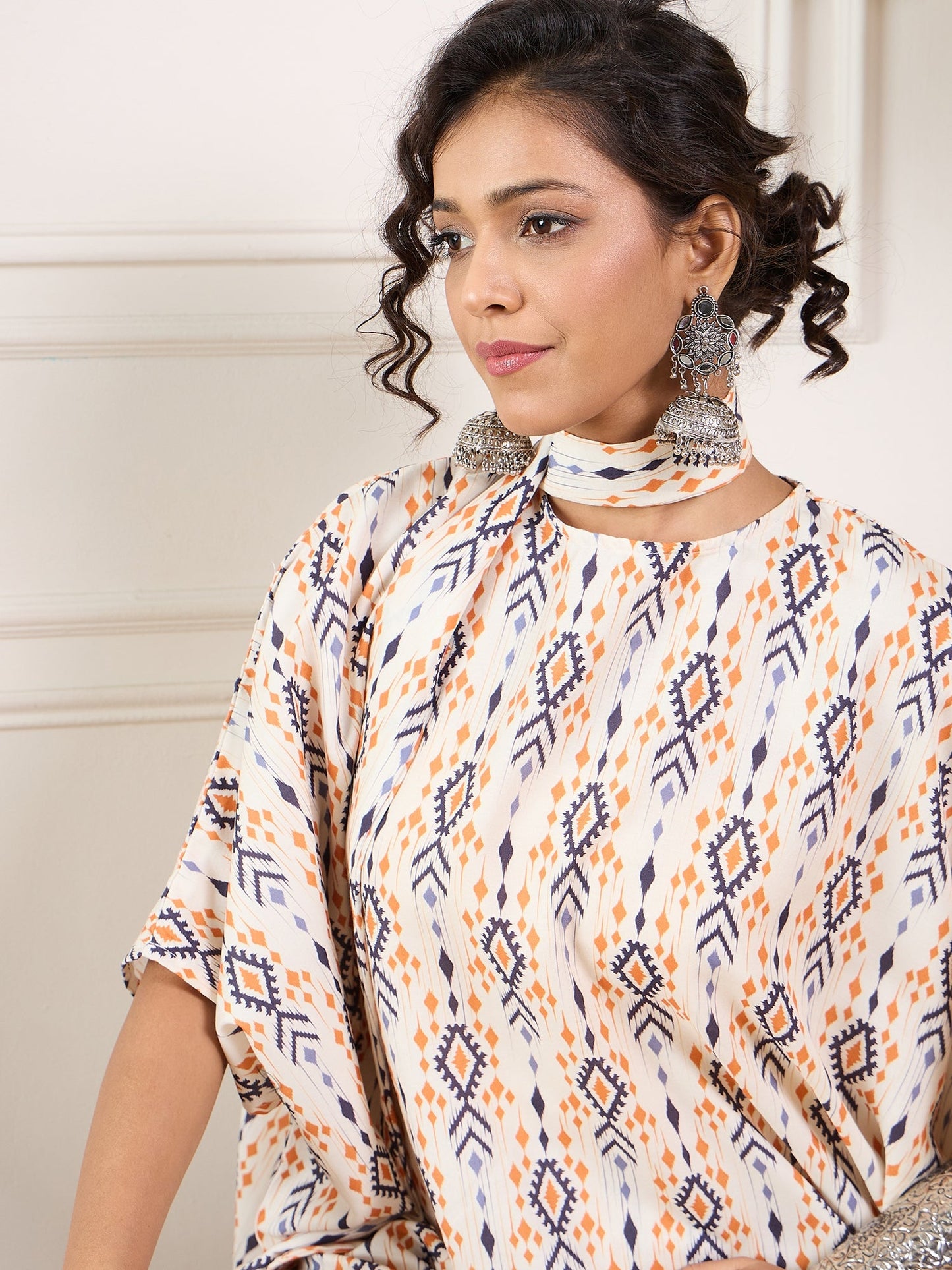 InWeave Off White Orange Black Ikkat Print Tie Neck Kaftan Boho Set - Distacart