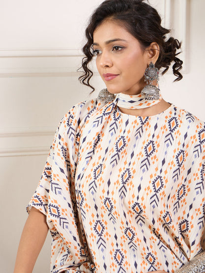 InWeave Off White Orange Black Ikkat Print Tie Neck Kaftan Boho Set - Distacart