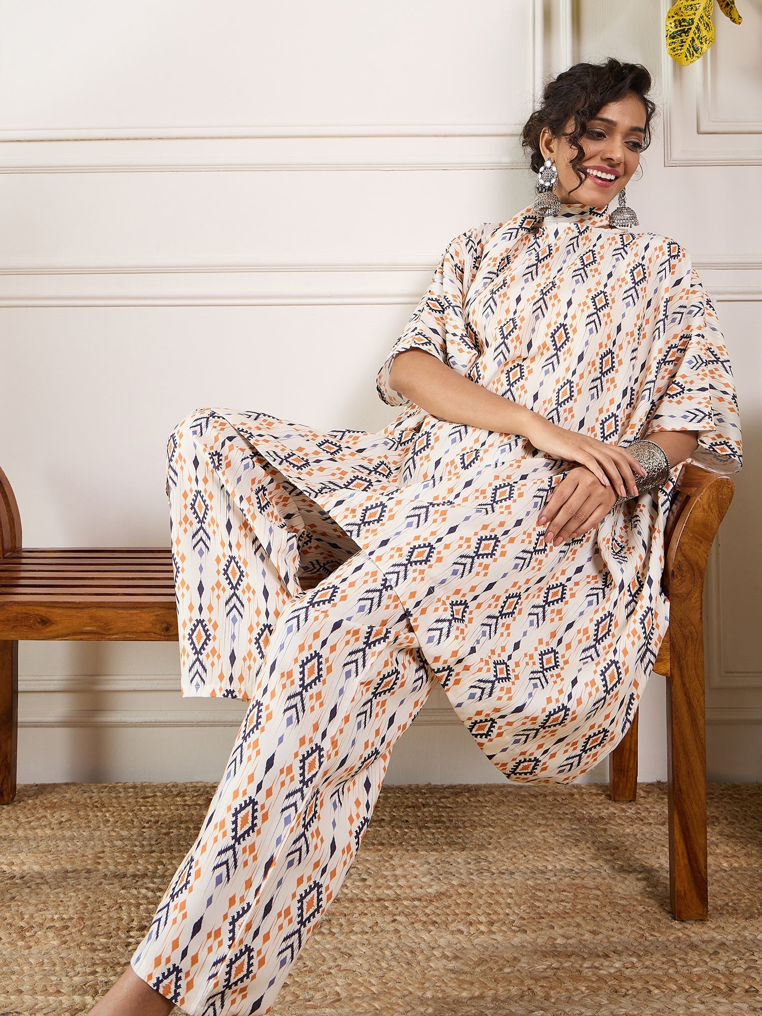 InWeave Off White Orange Black Ikkat Print Tie Neck Kaftan Boho Set - Distacart