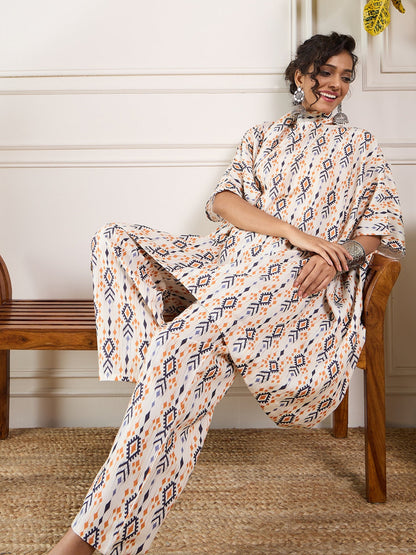 InWeave Off White Orange Black Ikkat Print Tie Neck Kaftan Boho Set - Distacart