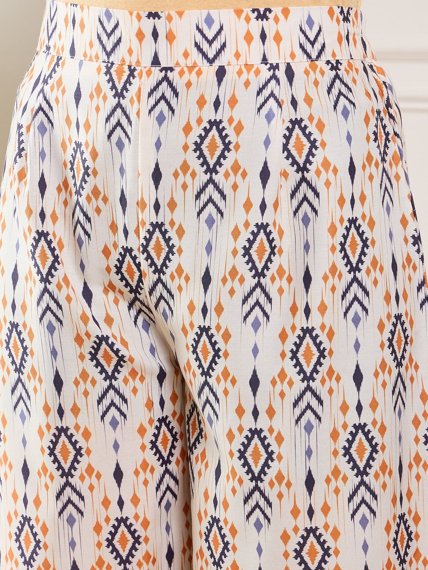 InWeave Off White Orange Black Ikkat Print Tie Neck Kaftan Boho Set - Distacart