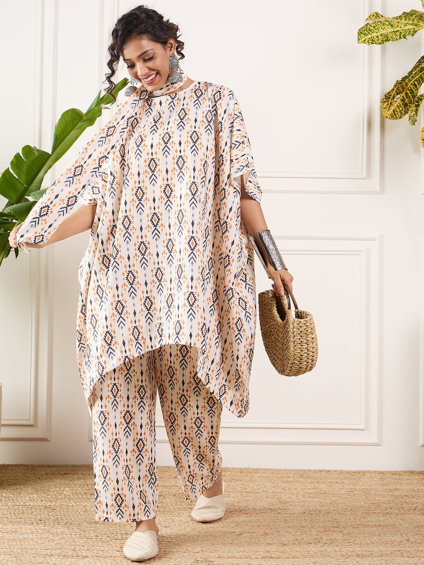 InWeave Off White Orange Black Ikkat Print Tie Neck Kaftan Boho Set - Distacart