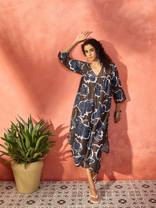 InWeave Mehendi Green Dark Teal Rose V Neck Flared Kurta Set - Distacart