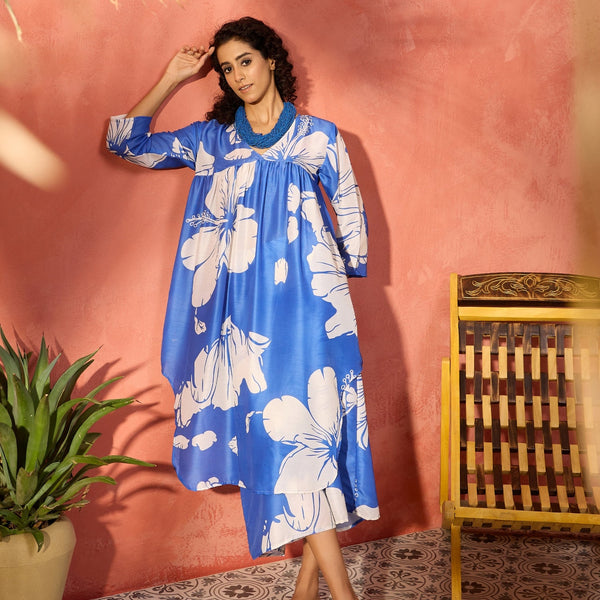 InWeave Azure Blue Hibiscus Kurta Set - Distacart