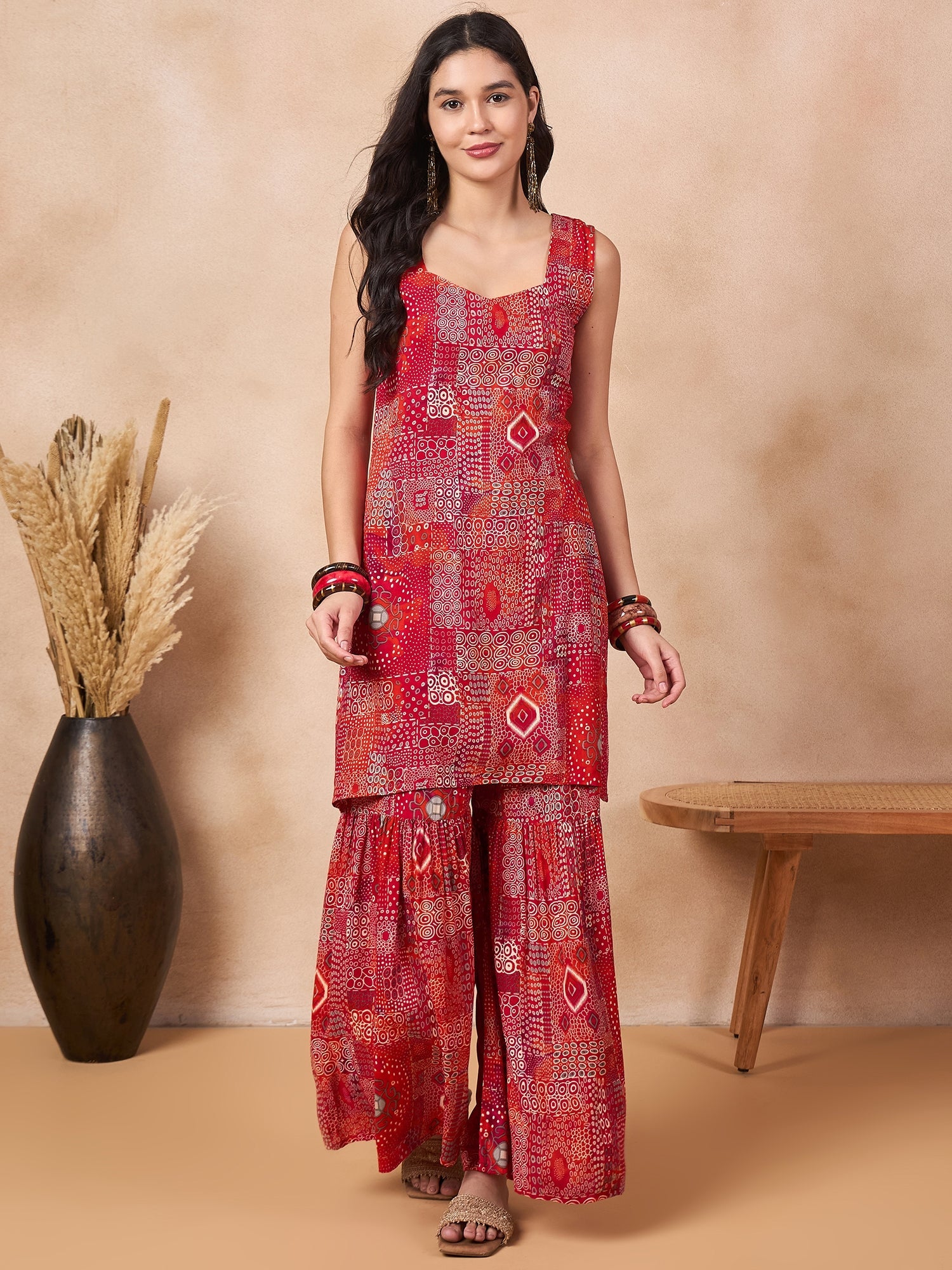 InWeave Orange Red Unique Foil Sweetheart Neck Sharara Set - Distacart