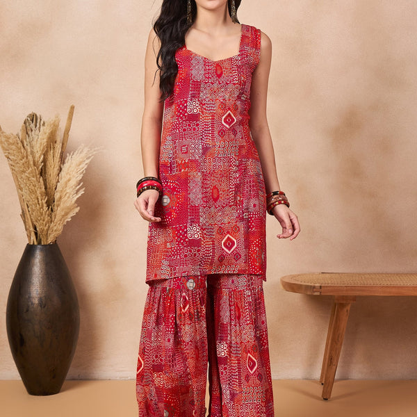InWeave Orange Red Unique Foil Sweetheart Neck Sharara Set - Distacart