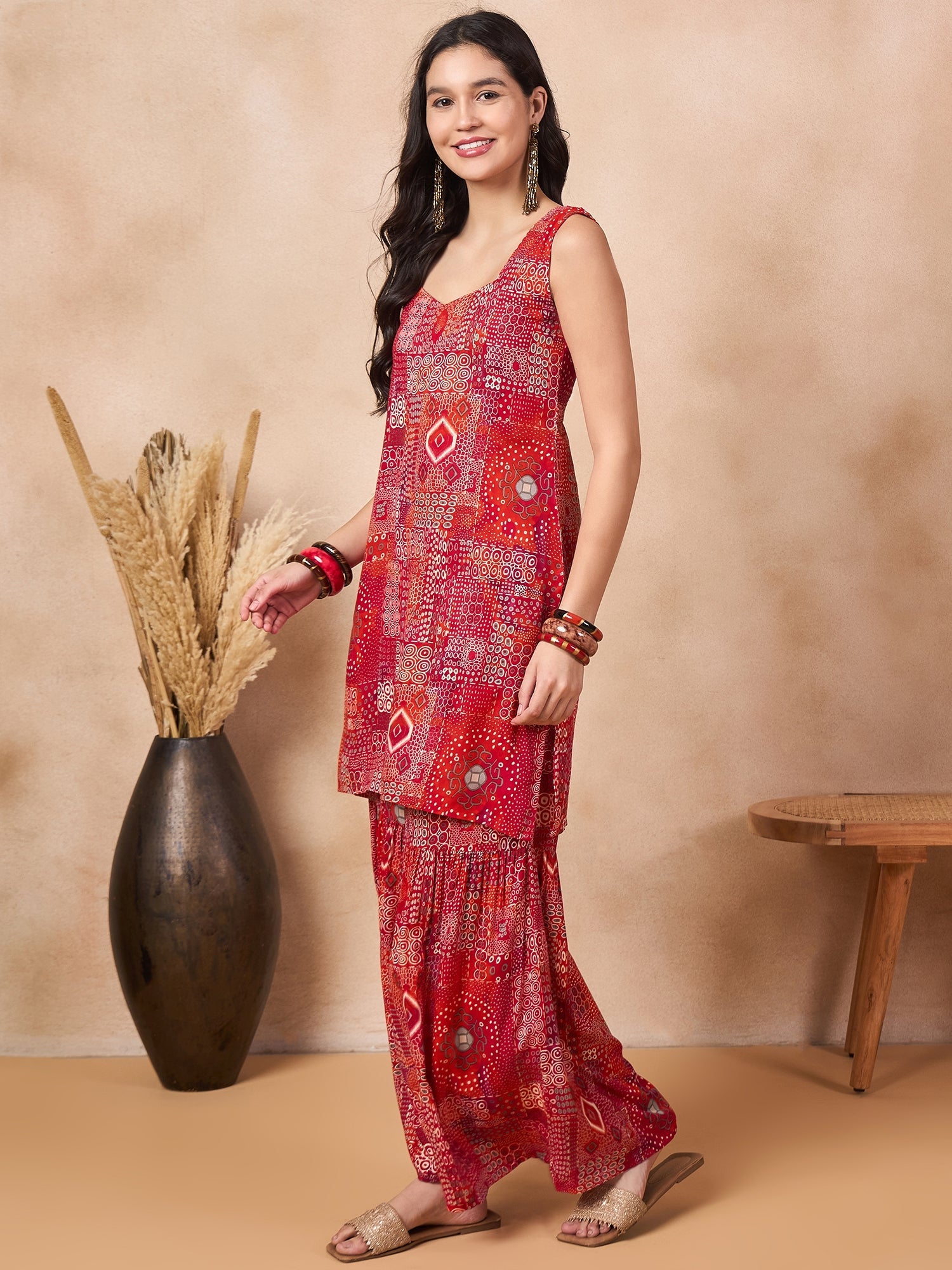 InWeave Orange Red Unique Foil Sweetheart Neck Sharara Set - Distacart