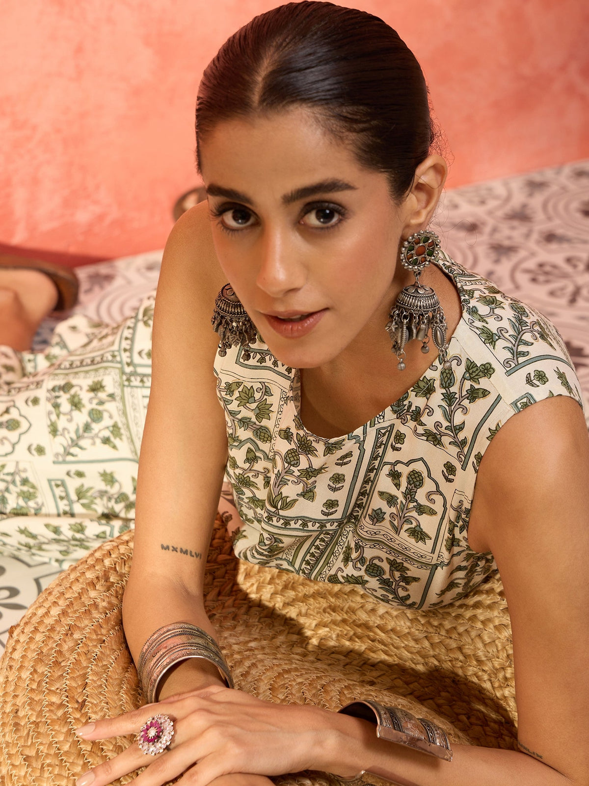 InWeave Sea Green Ethnic Window Floral Short Palazzo Kurta Set - Distacart