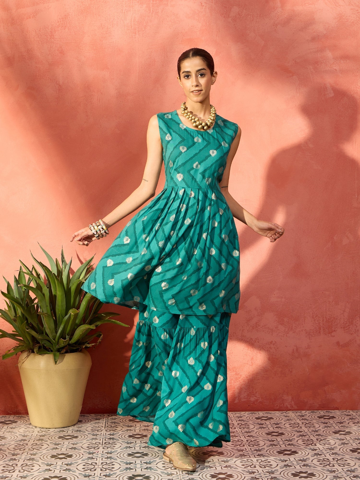 InWeave Dark Teal Foil Boota Round Neck W/S Sharara Set - Distacart