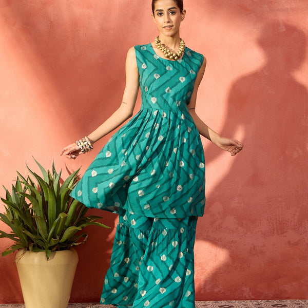 InWeave Dark Teal Foil Boota Round Neck W/S Sharara Set - Distacart