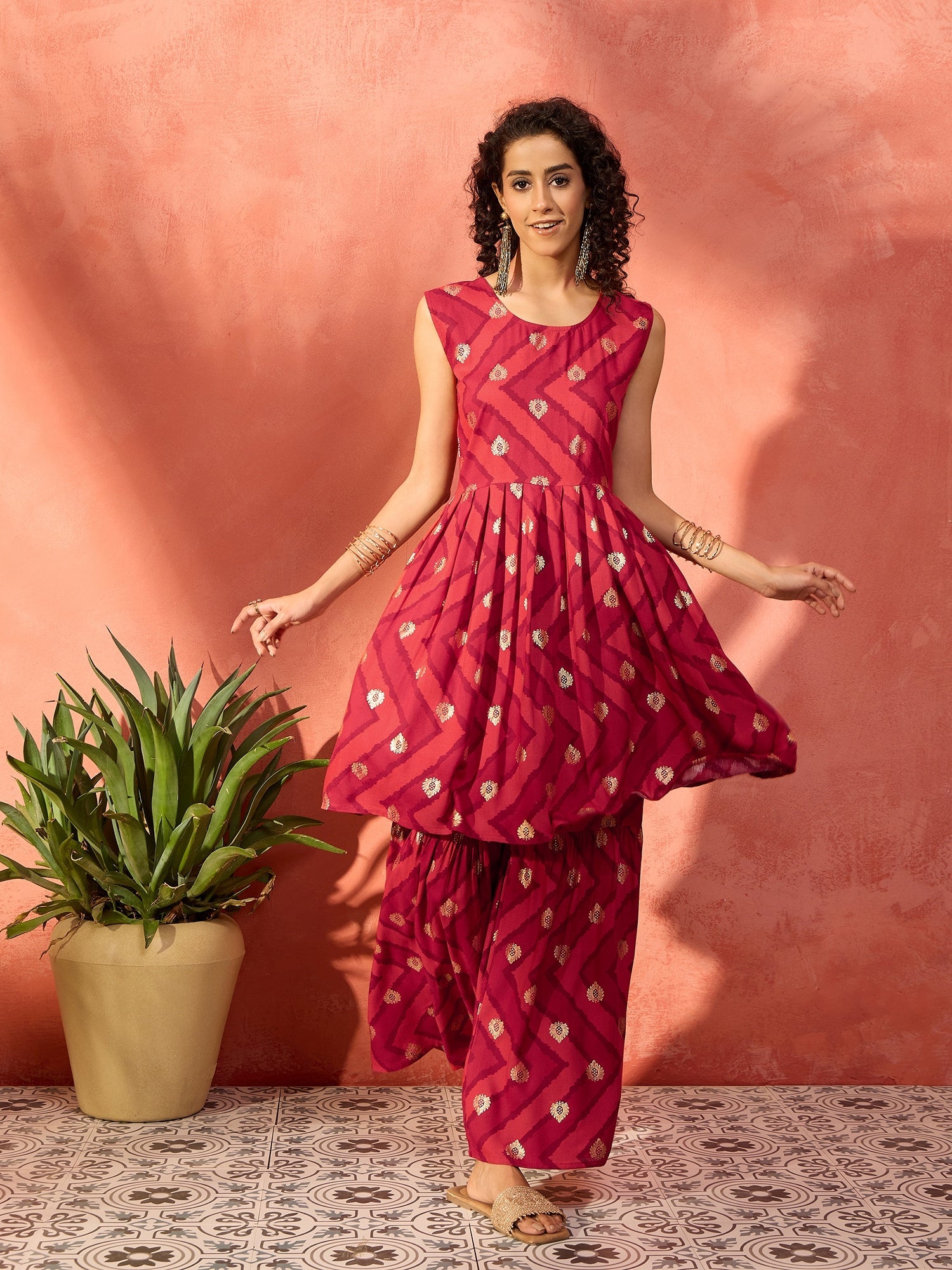 InWeave Maroon Burgundy Foil Boota Round Neck W/S Sharara Set - Distacart