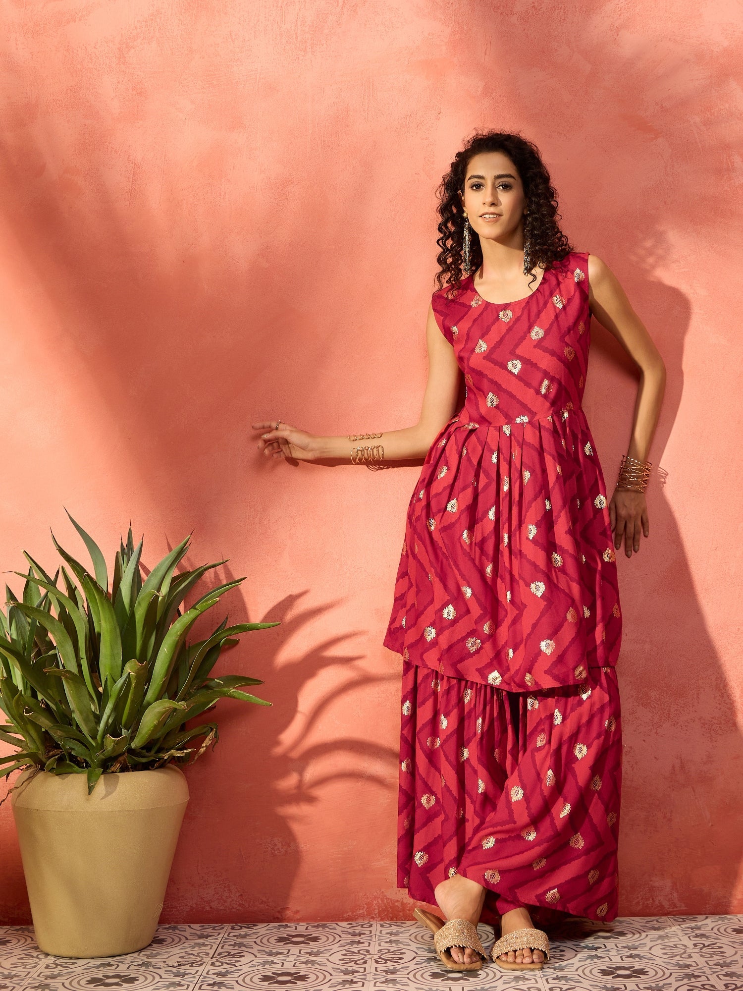 InWeave Maroon Burgundy Foil Boota Round Neck W/S Sharara Set - Distacart