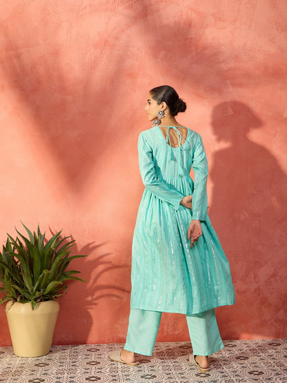 InWeave Mint Green Lurex Sweetheart Neck Short Kurta Pant Set - Distacart