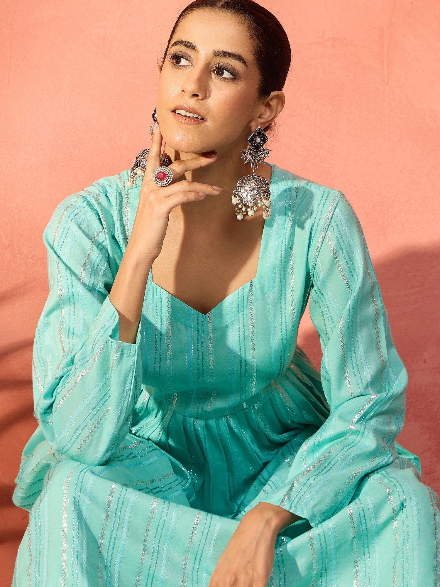 InWeave Mint Green Lurex Sweetheart Neck Short Kurta Pant Set - Distacart
