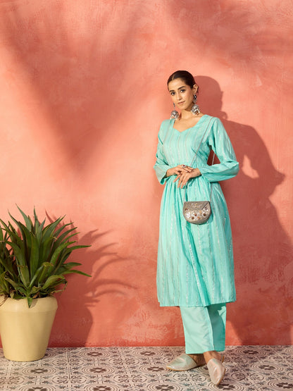 InWeave Mint Green Lurex Sweetheart Neck Short Kurta Pant Set - Distacart