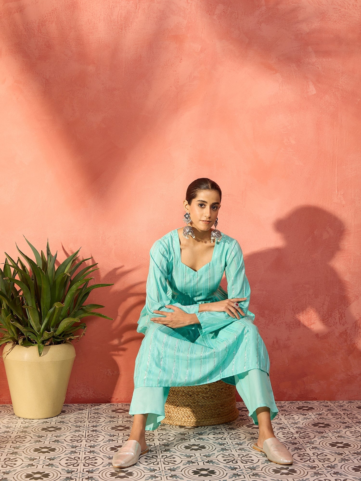 InWeave Mint Green Lurex Sweetheart Neck Short Kurta Pant Set - Distacart