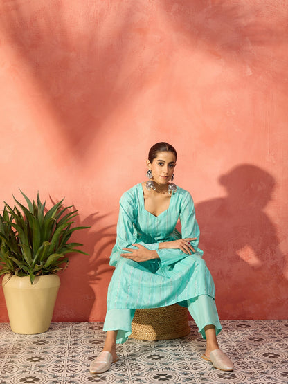 InWeave Mint Green Lurex Sweetheart Neck Short Kurta Pant Set - Distacart