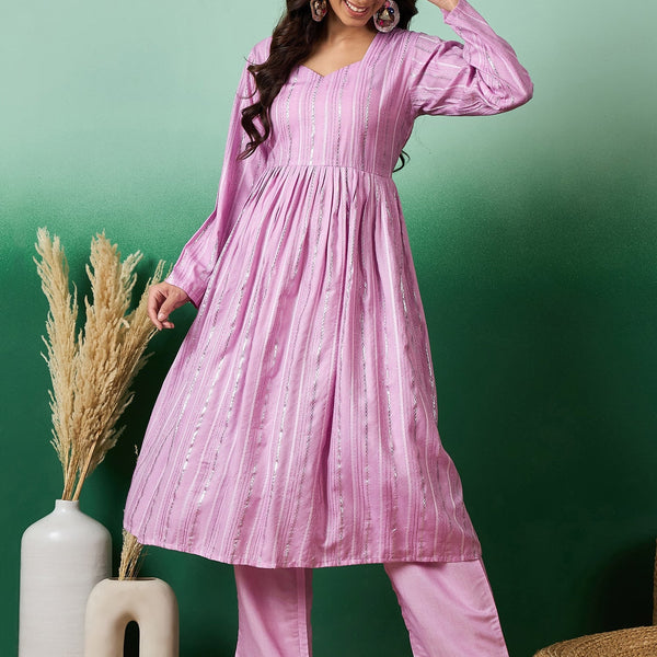 InWeave Lavender Lurex Sweetheart Neck Short Kurta Pant Set - Distacart