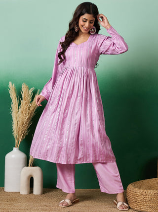 InWeave Lavender Lurex Sweetheart Neck Short Kurta Pant Set - Distacart