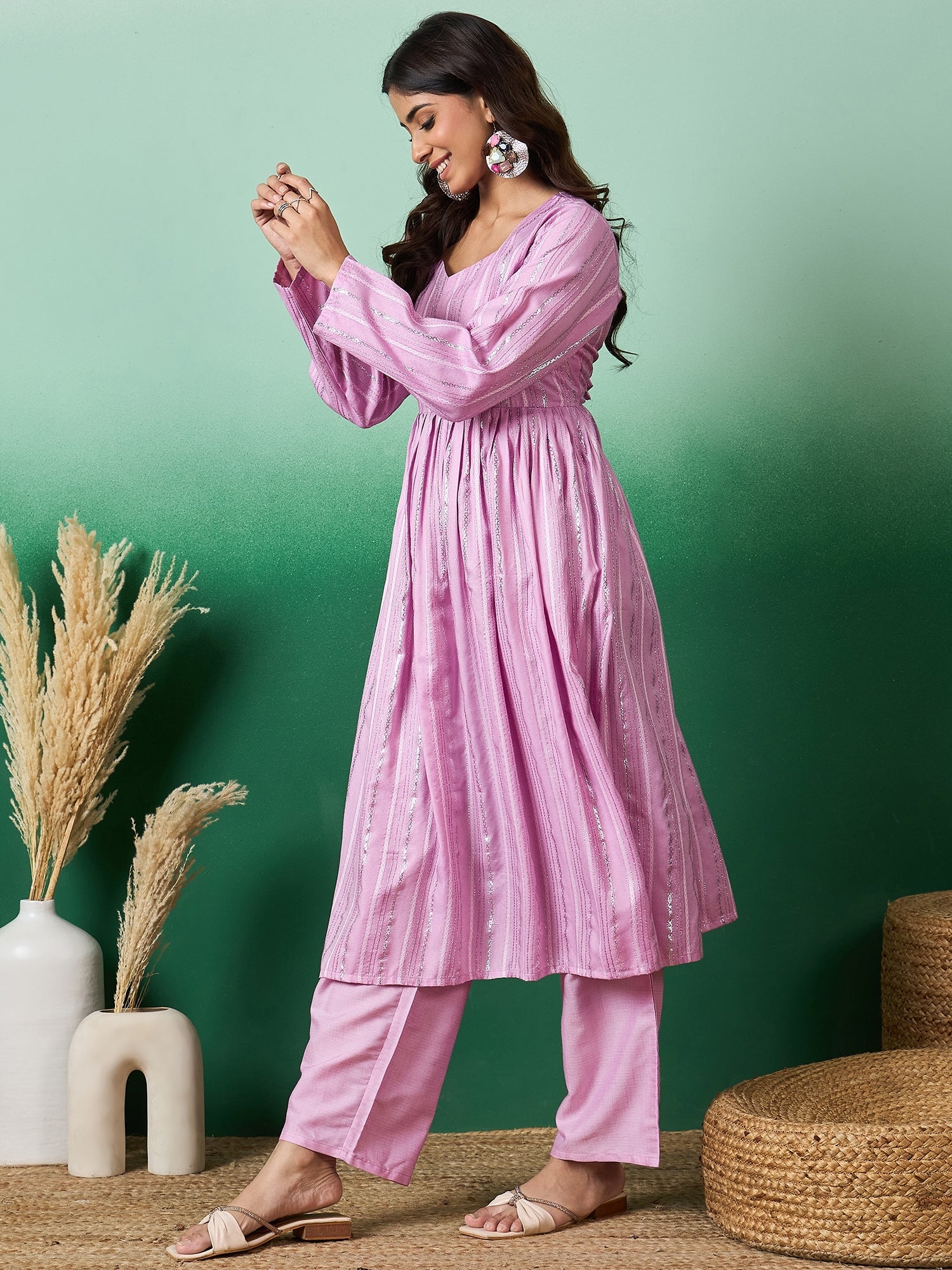 InWeave Lavender Lurex Sweetheart Neck Short Kurta Pant Set - Distacart