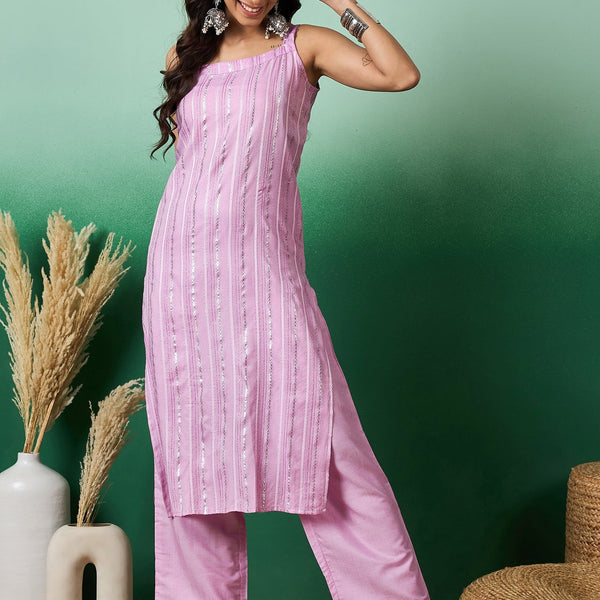 InWeave Lavender Lurex Thick Strappy Straight Kurta Pant Set - Distacart