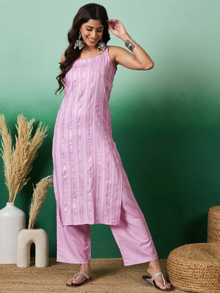 InWeave Lavender Lurex Thick Strappy Straight Kurta Pant Set - Distacart