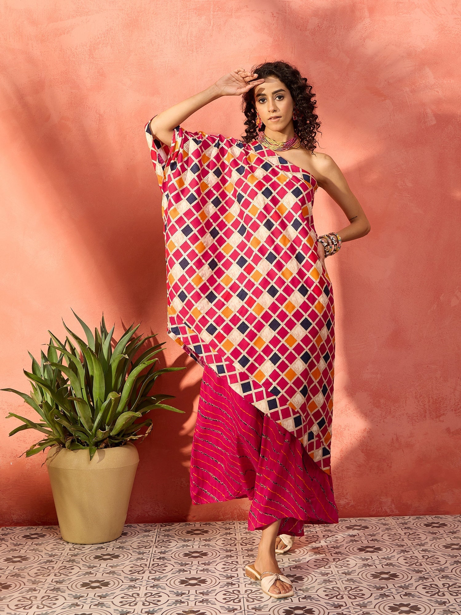 InWeave Fuchsia Multi Check Foil One Shoulder Leh Palazzo Set - Distacart