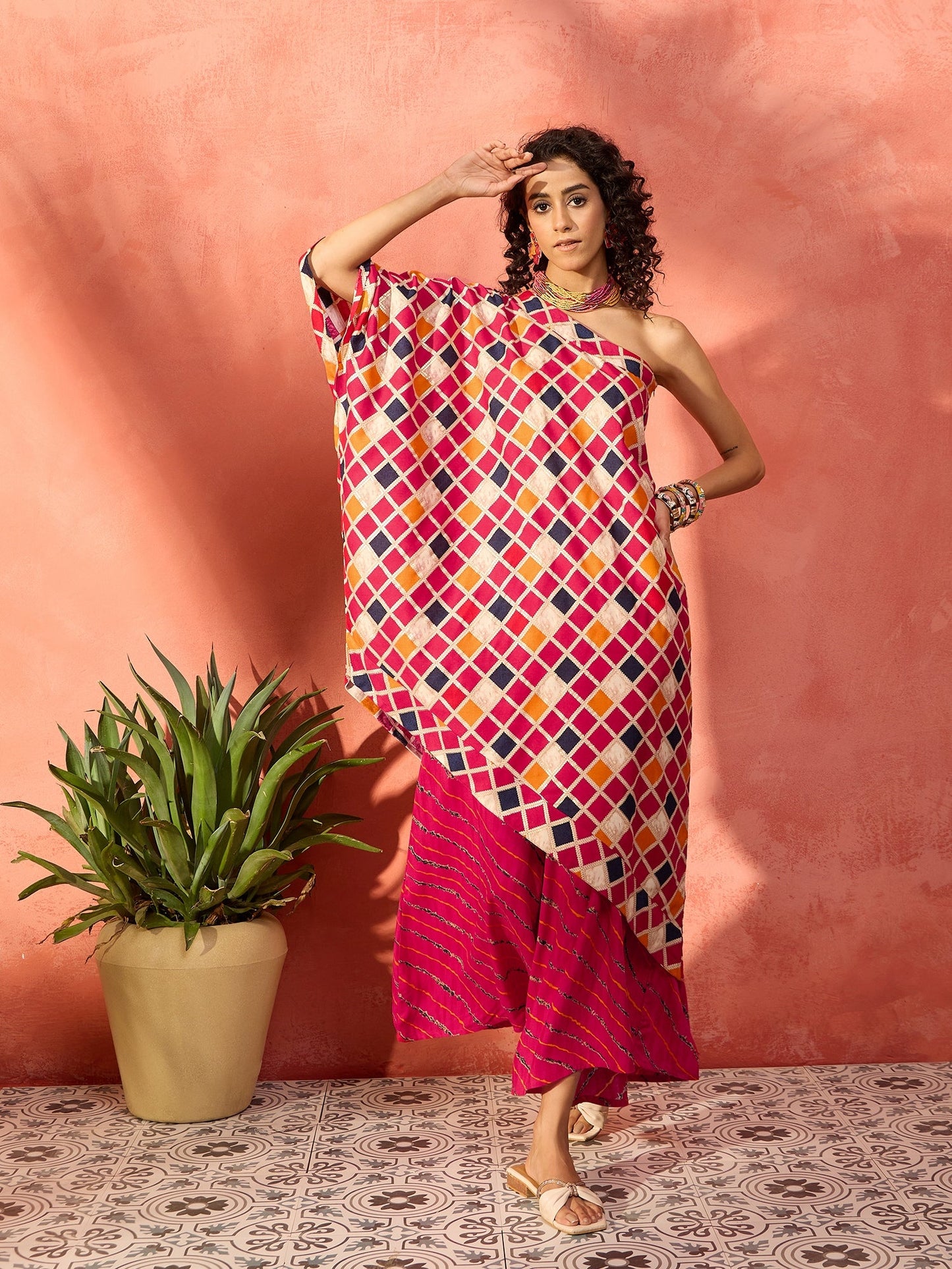 InWeave Fuchsia Multi Check Foil One Shoulder Leh Palazzo Set - Distacart